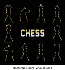 Multipurpose luxury golden color chess outline dot icons logo design template. Vector illustration with black background.
