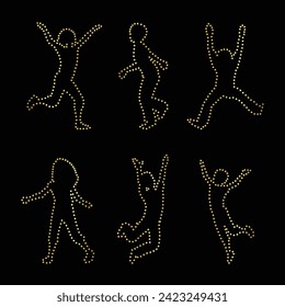 Multipurpose luxury golden color children, kids playing outline dot icons logo design template. Vector illustration with black background.
