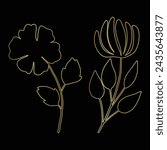 Multipurpose luxury golden color flowers leaf ink outline dot icons logo design template. Vector illustration with black background.