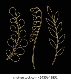 Multipurpose luxury golden color flowers leaf ink outline dot icons logo design template. Vector illustration with black background.
