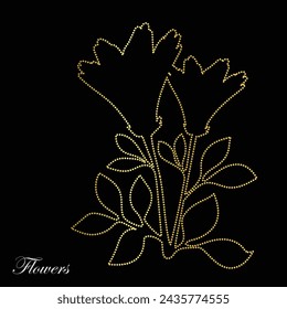 Multipurpose luxury golden color flowers leaf ink outline dot icons logo design template. Vector illustration with black background.