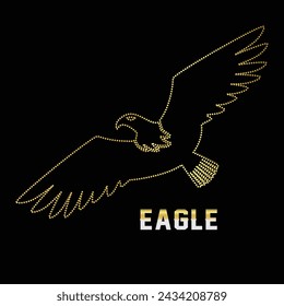Multipurpose luxury golden color flying eagle bird outline dot icons logo design template. Vector illustration with black background.