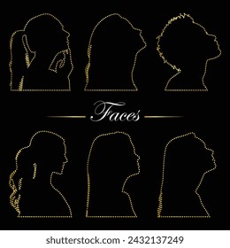 Multipurpose luxury golden color girl side face outline dot icons logo design template. Vector illustration with black background.