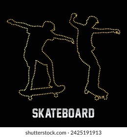Multipurpose luxury golden color people playing skateboard outline dot icons logo design template. Vector illustration with black background.