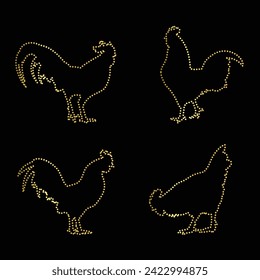 Multipurpose luxury golden color rooster chicken outline dot icons logo design template. Vector illustration with black background.