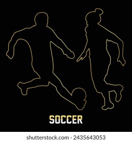 Multipurpose luxury golden color soccer sports football player activity outline dot icons logo design template. Vector illustration with black background.