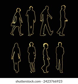 Multipurpose luxury golden color walking people outline dot icons logo design template. Vector illustration with black background.