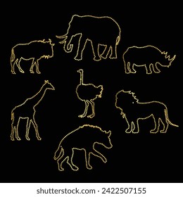 Multipurpose luxury golden color wild african animal outline dot icons logo design template. Vector illustration with black background.