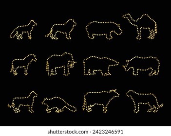 Multipurpose luxury golden color wild african animal outline dot icons logo design template. Vector illustration with black background.