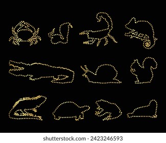 Multipurpose luxury golden color wild african animal outline dot icons logo design template. Vector illustration with black background.