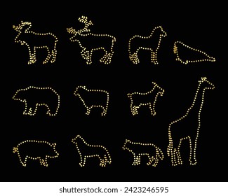 Multipurpose luxury golden color wild african animal outline dot icons logo design template. Vector illustration with black background.