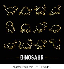 Multipurpose luxury golden color wild forest dinosaur outline dot icons logo design template. Vector illustration with black background.