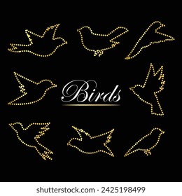 Multipurpose luxury golden color wild birds outline dot icons logo design template. Vector illustration with black background.