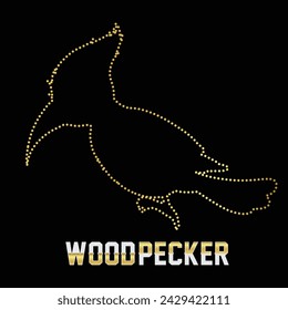 Multipurpose luxury golden color wild woodpecker outline dot icons logo design template. Vector illustration with black background.