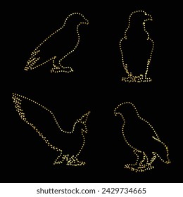 Multipurpose luxury golden color wild flying birds outline dot icons logo design template. Vector illustration with black background.