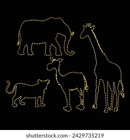 Multipurpose luxury golden color wild african animal set outline dot icons logo design template. Vector illustration with black background.
