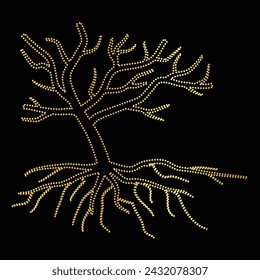 Multipurpose luxury golden color wild forest dead trees outline dot icons logo design template. Vector illustration with black background.