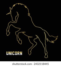 Multipurpose luxury golden color wild magical unicorn outline dot icons logo design template. Vector illustration with black background.