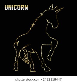 Multipurpose luxury golden color wild magical unicorn outline dot icons logo design template. Vector illustration with black background.