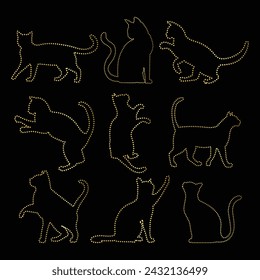 Plantilla de diseño de logotipo de iconos de puntos de contorno de conjunto de gato salvaje de color dorado de lujo multipropósito. Ilustración vectorial con fondo negro.