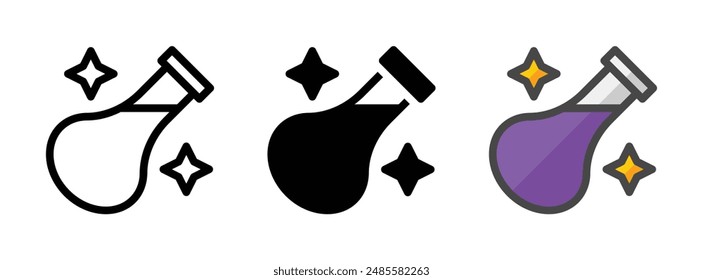 Multipurpose magic potion bottle vector icon in outline, glyph, and filled outline style on white background.