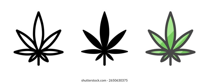 Icono de Vector de hoja de cannabis medicinal multipropósito en contorno, glifo, estilo de contorno relleno. Tres variantes de estilo de icono en un paquete.