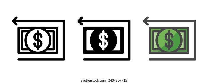 Multipurpose money and arrow vector icon in outline, glyph, filled outline style. Three icon style variants in one pack.