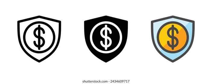 Icono de vector de protección de dinero multipropósito en estilo de contorno, glifo, contorno relleno. Tres variantes de estilo de icono en un paquete.