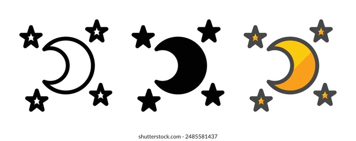 Multipurpose moon vector icon in outline, glyph, and filled outline style on white background.