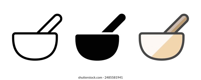 Mehrzweck Mörtel und Stößel Vektorgrafik Symbol in Umriss, Glyphe, gefüllte Umriss Stil. Drei Varianten im Symbolstil in einem Paket.
