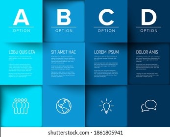 Multipurpose mosaic four letter options infographic made from blue color content squares with icons letters and texts