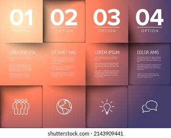 Multipurpose mosaic with four numebr options infographic made from yellow to purple color gradient  content squares with icons letters and texts. Simple editable infographic template