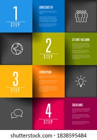 Multipurpose mosaic four steps infographic made from colorful content squares with icons numbers and texts