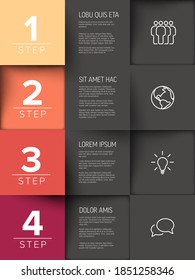 Multipurpose mosaic four steps infographic made from orange, red and gray content squares with icons numbers and texts