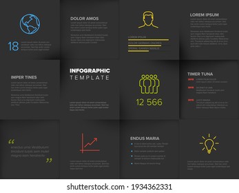 Multipurpose mosaic infographic template made from dark content squares with icons numbers and texts. Mosaic infochart with various information data content for visualization