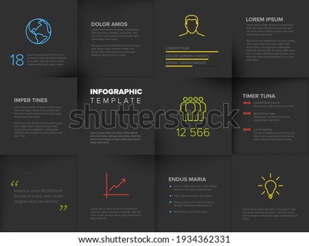 Multipurpose mosaic infographic template made from dark content squares with icons numbers and texts. Mosaic infochart with various information data content for visualization
