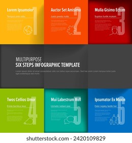 Mehrzweck-Mosaik sechs Stufen Infografik aus bunten Content Quadraten mit Symbolnummern und Texten. Sechs quadratische Inhaltsblöcke Vorlage.