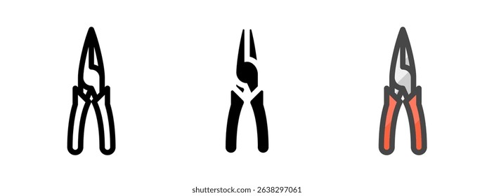 Multipurpose needle nose pliers vector icon in outline, glyph, filled outline style. Three icon style variants in one pack.