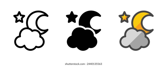 Icono de vector de cielo nocturno multipropósito en contorno, glifo, estilo de contorno relleno. Tres variantes de estilo de icono en un paquete.