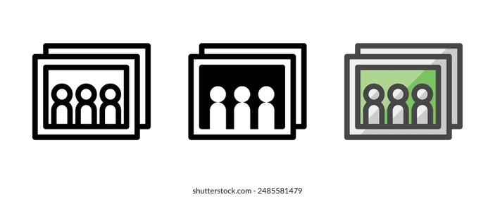 Icono de Vector de Fotos multipropósito en estilo de contorno, glifo y contorno relleno sobre fondo blanco.