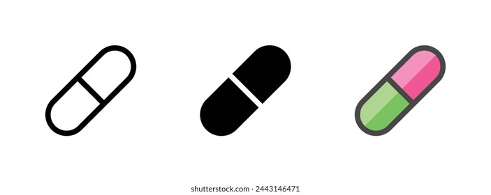 Multipurpose pill vector icon in outline, glyph, filled outline style. Three icon style variants in one pack.