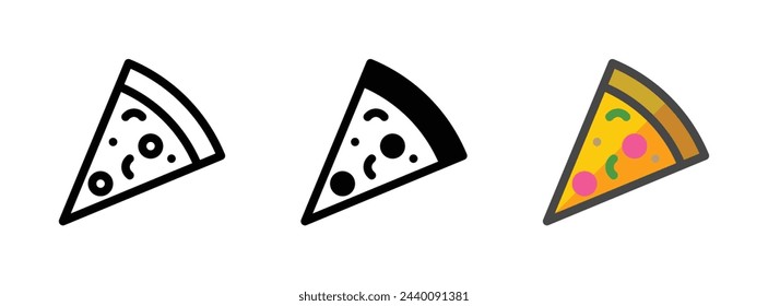 Icono de vector de porción de pizza multipropósito en estilo de contorno, glifo, contorno relleno. Tres variantes de estilo de icono en un paquete.