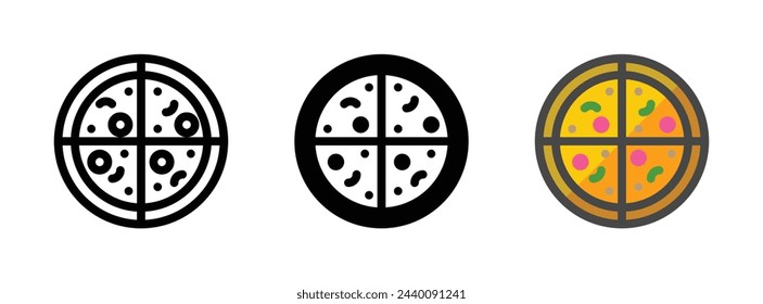 Multipurpose pizza vector icon in outline, glyph, filled outline style. Three icon style variants in one pack.