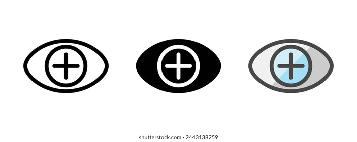 Multipurpose plus eye vector icon in outline, glyph, filled outline style. Three icon style variants in one pack.