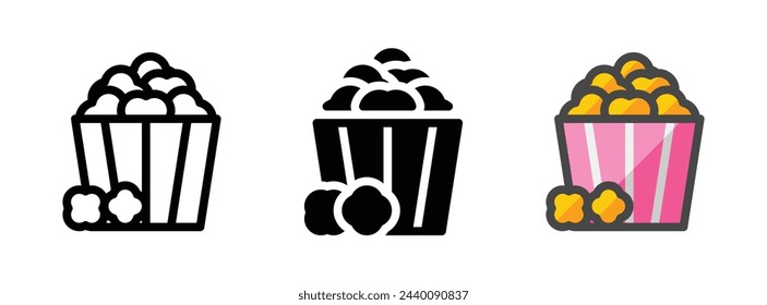 Multipurpose popcorn vector icon in outline, glyph, filled outline style. Three icon style variants in one pack.