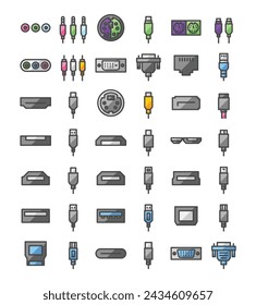 Icono de vector de conector y puerto multipropósito establecido en estilo de contorno relleno