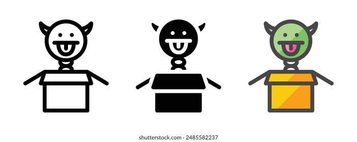 Multipurpose prank box vector icon in outline, glyph, and filled outline style on white background.