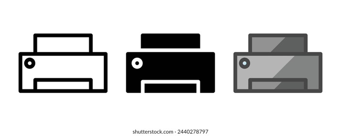 Mehrzweck-Drucker-Vektor-Symbol in Kontur, Glyphe, gefüllte Kontur-Stil. Drei Varianten im Symbolstil in einem Paket.