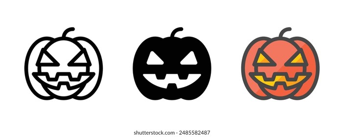 Multipurpose pumpkin lantern vector icon in outline, glyph, and filled outline style on white background.