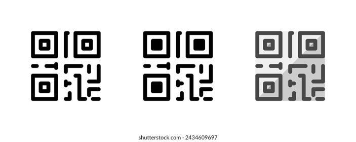 Icono de vector de código QR multipropósito en el esquema, glifo, estilo de contorno relleno. Tres variantes de estilo de icono en un paquete.